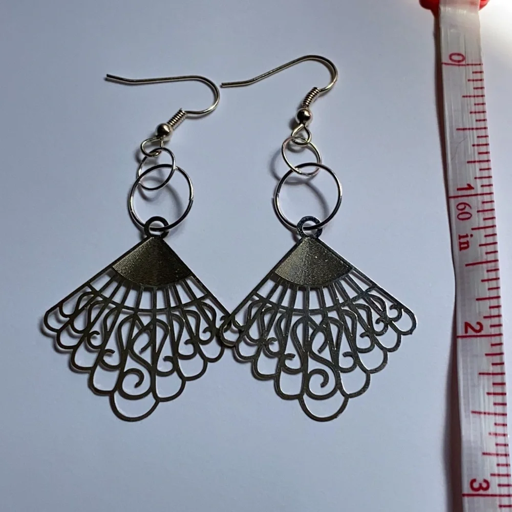 Hand Crafted Earrings Silver Fan Laser Cut Thin Dangle Metal Dainty Pierced - Picture 4 of 6